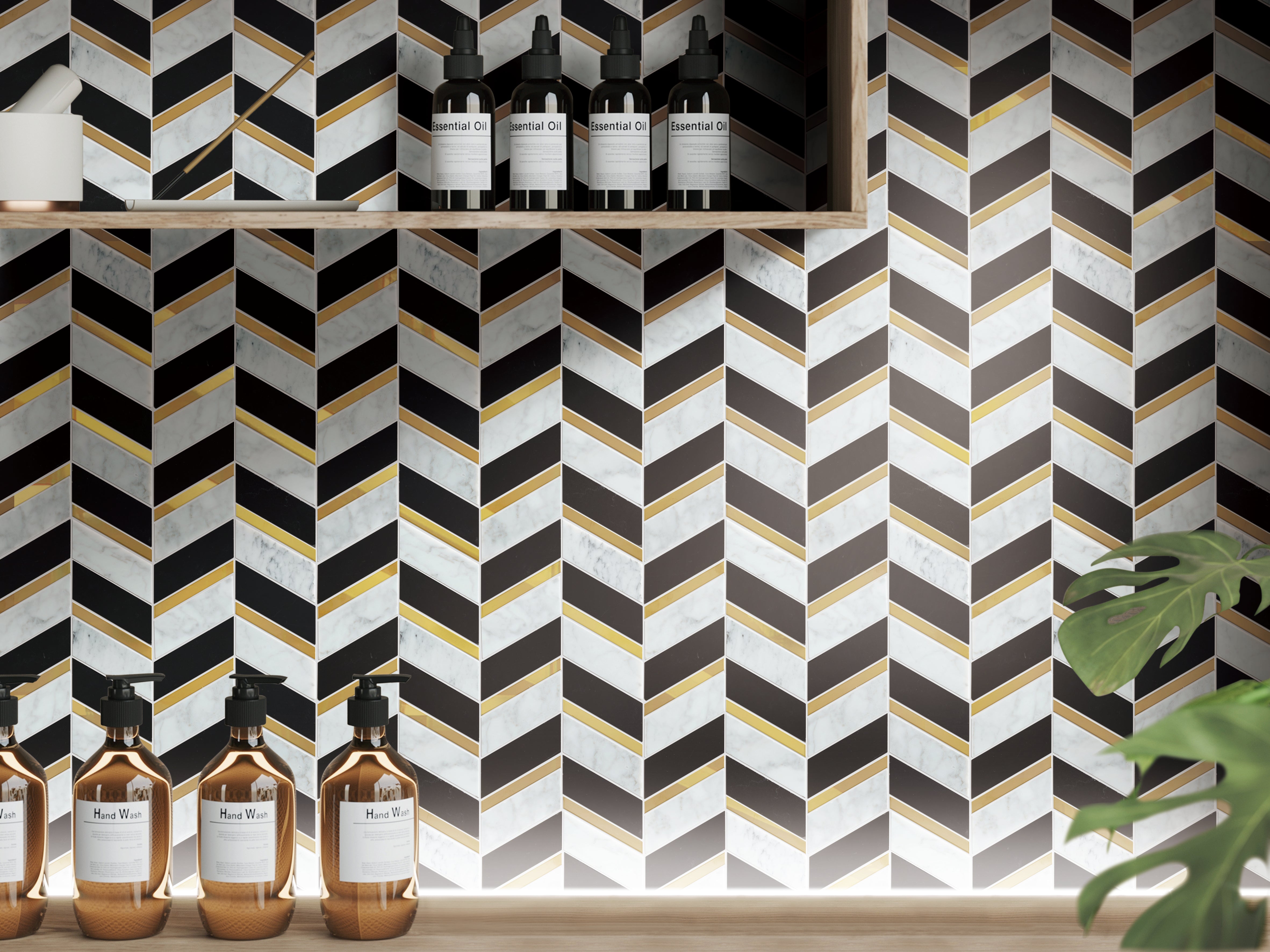Aerial Black and Carrara w/Gold Chevron Mosaic