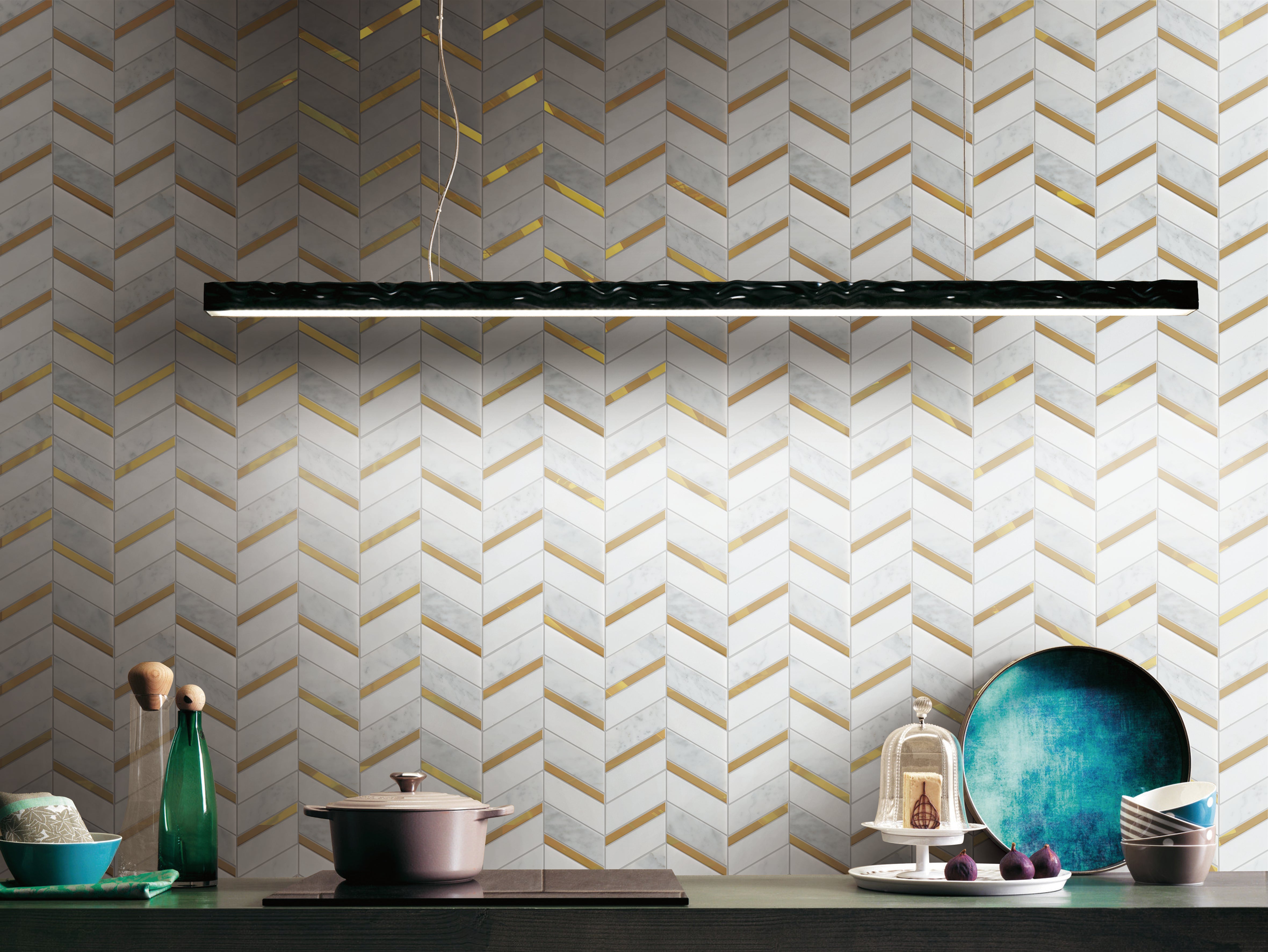 Aerial White and Carrara w/Gold Chevron Mosaic