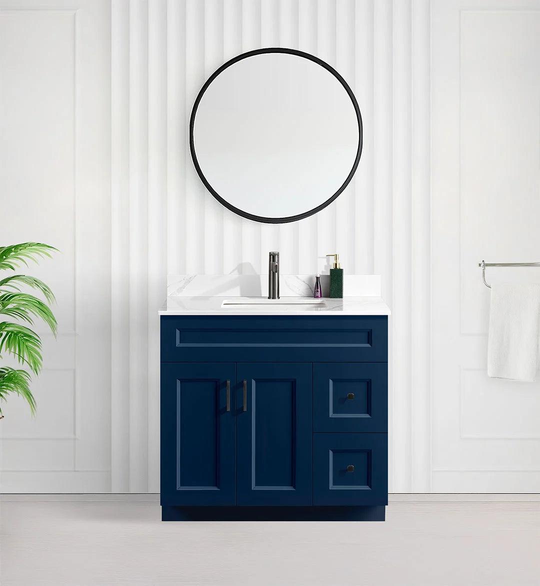 36" SINGLE SINK SHAKER BATHROOM VANITY WITH QUARTZ COUNTERTOP (SOLID WOOD)