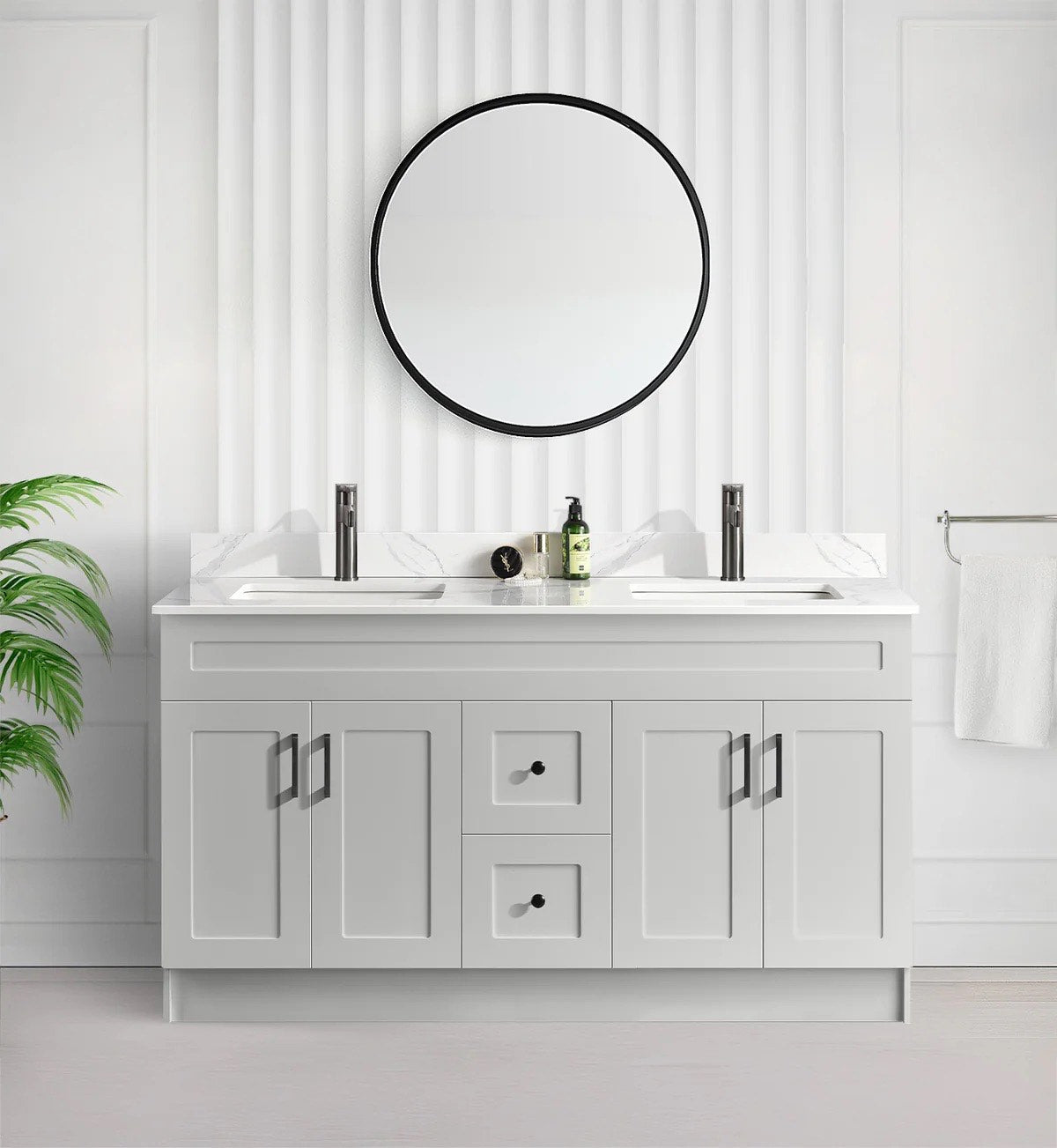 60" DOUBLE SINK SHAKER BATHROOM VANITY WITH QUARTZ COUNTERTOP (MDF)