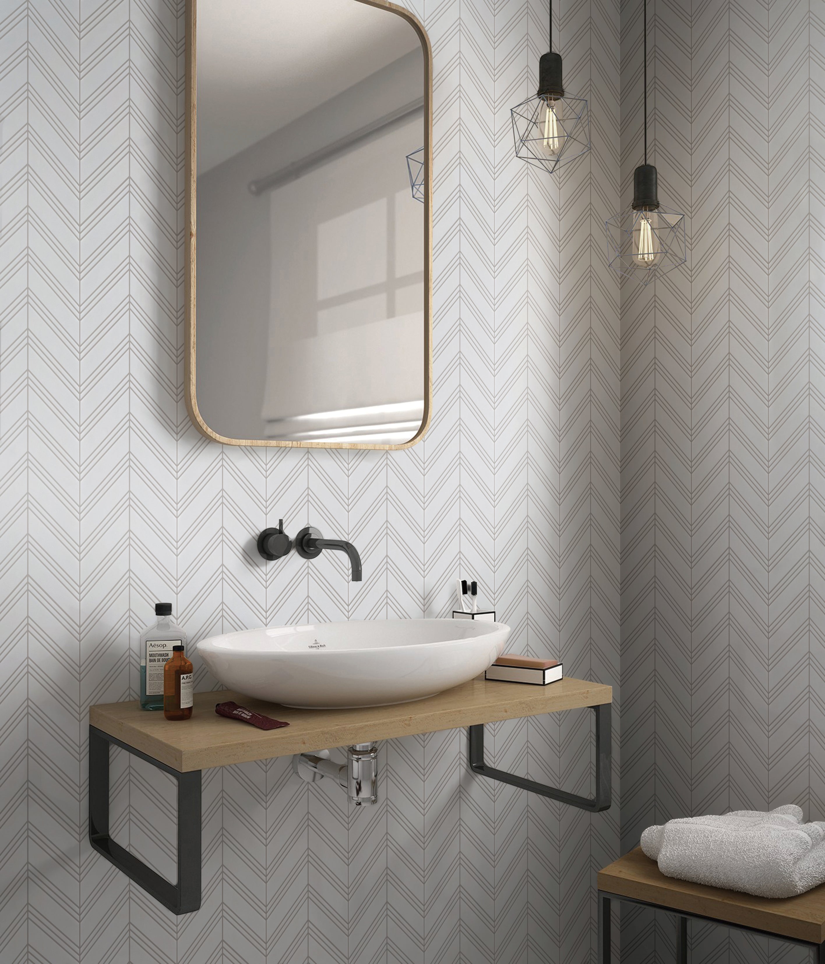 Thassos Chevron w/White Trim Polished Marble Mosaic