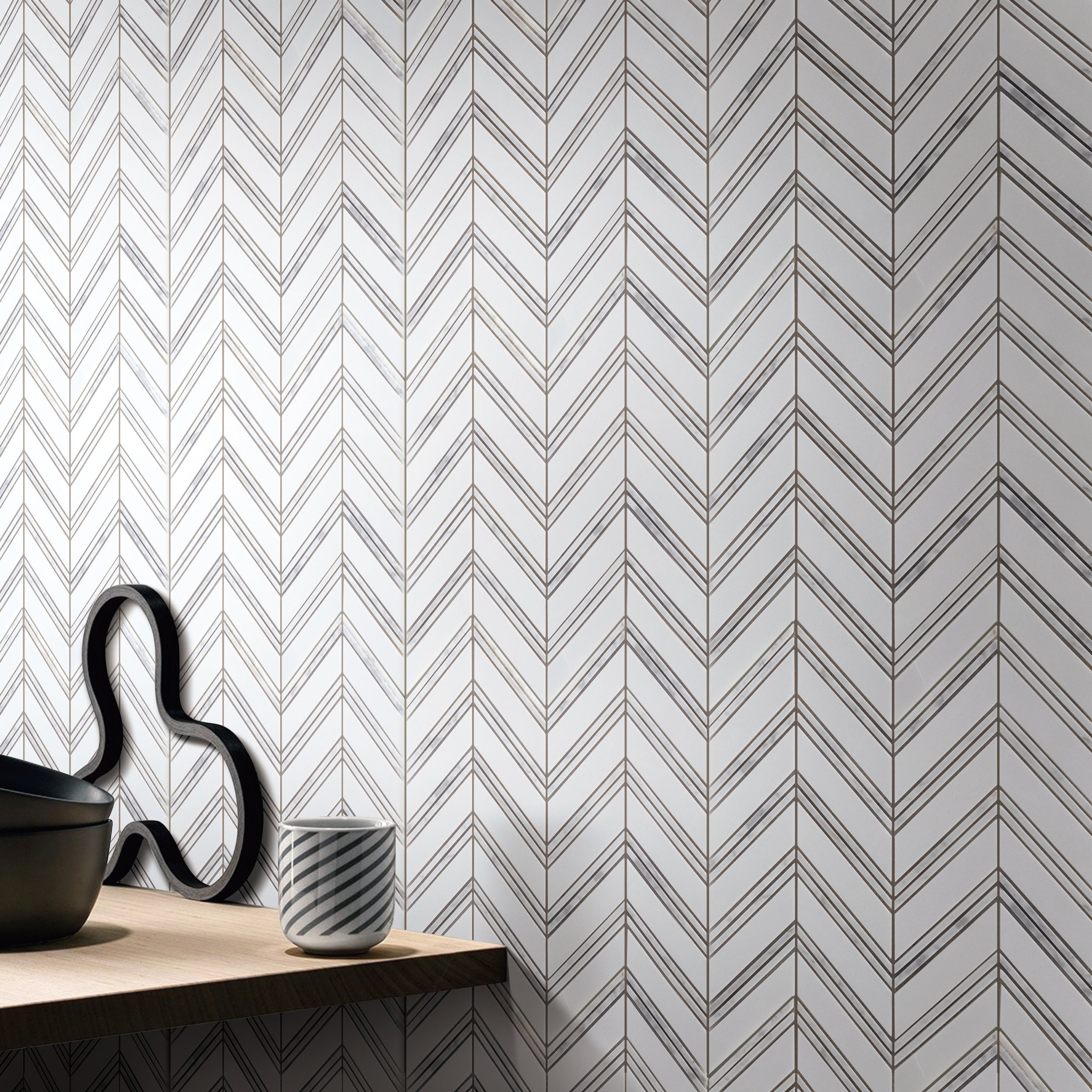 Thassos Chevron w/Carrara Trim Polished Marble Mosaic