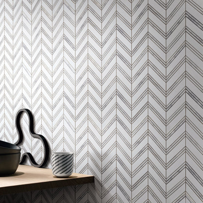 Thassos Chevron w/Carrara Trim Polished Marble Mosaic