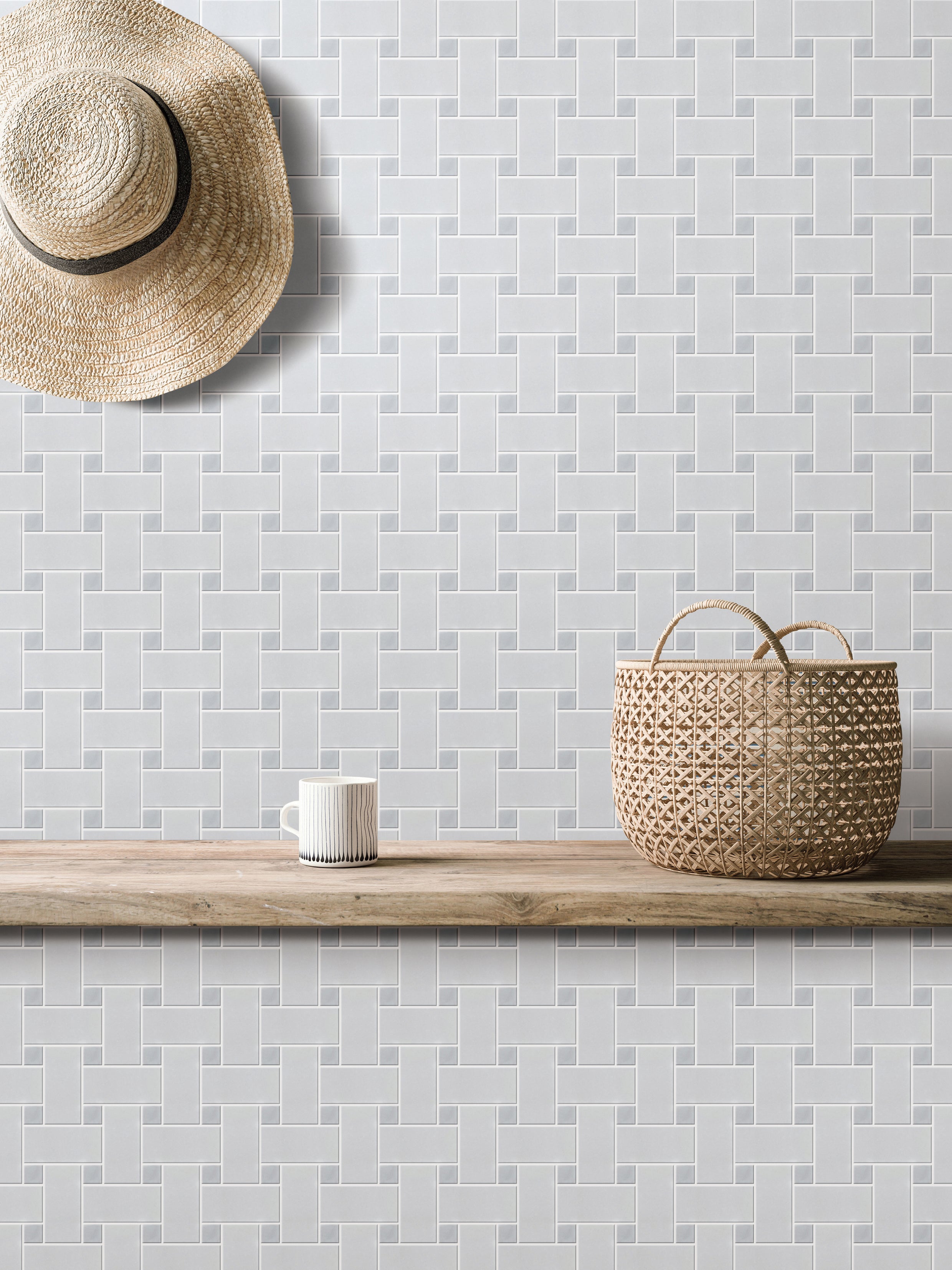 Thassos Basketweave w/Light Dot Polished Marble Mosaic