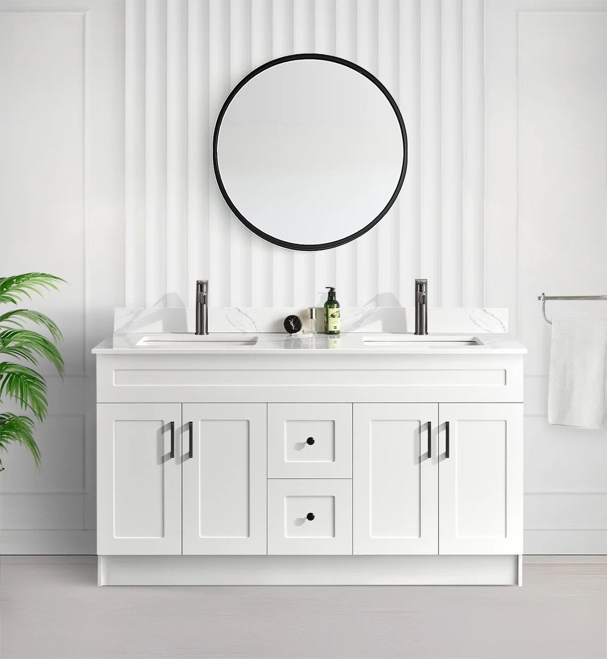 60" DOUBLE SINK SHAKER BATHROOM VANITY WITH QUARTZ COUNTERTOP (MDF)