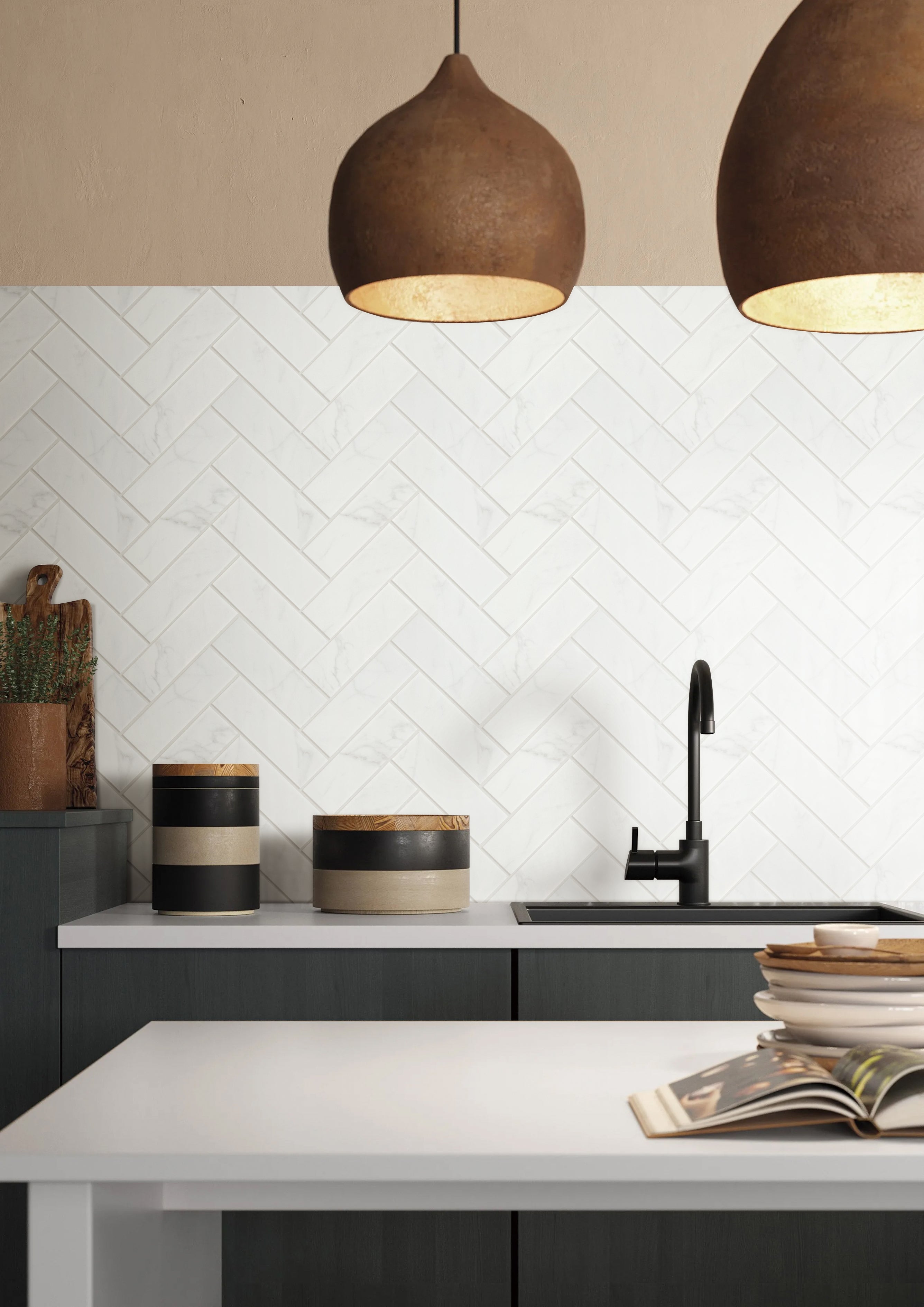 Statuario 2" x 6" Herringbone Honed Porcelain Mosaic